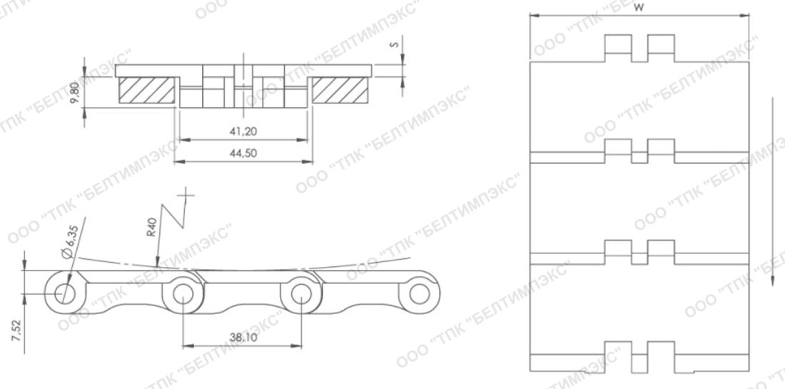 Чертеж пластинчатых цепей Серии MD 820 Modutech