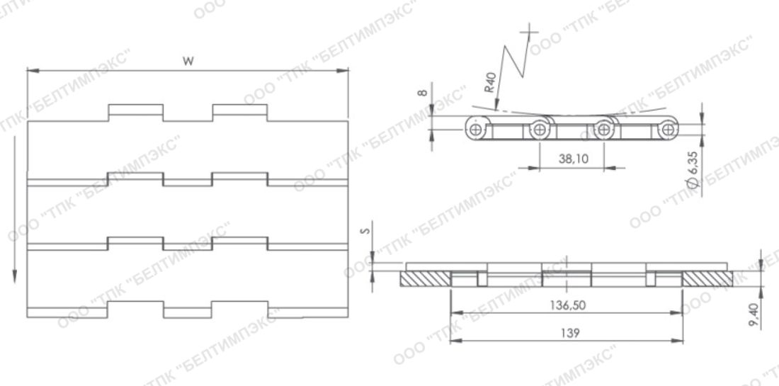 Чертеж пластинчатых цепей Серии MD 821 Modutech