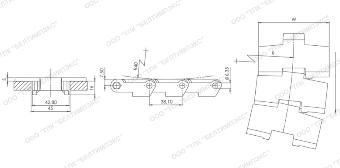 Чертеж пластинчатых цепей Серии MD 880-879 Modutech